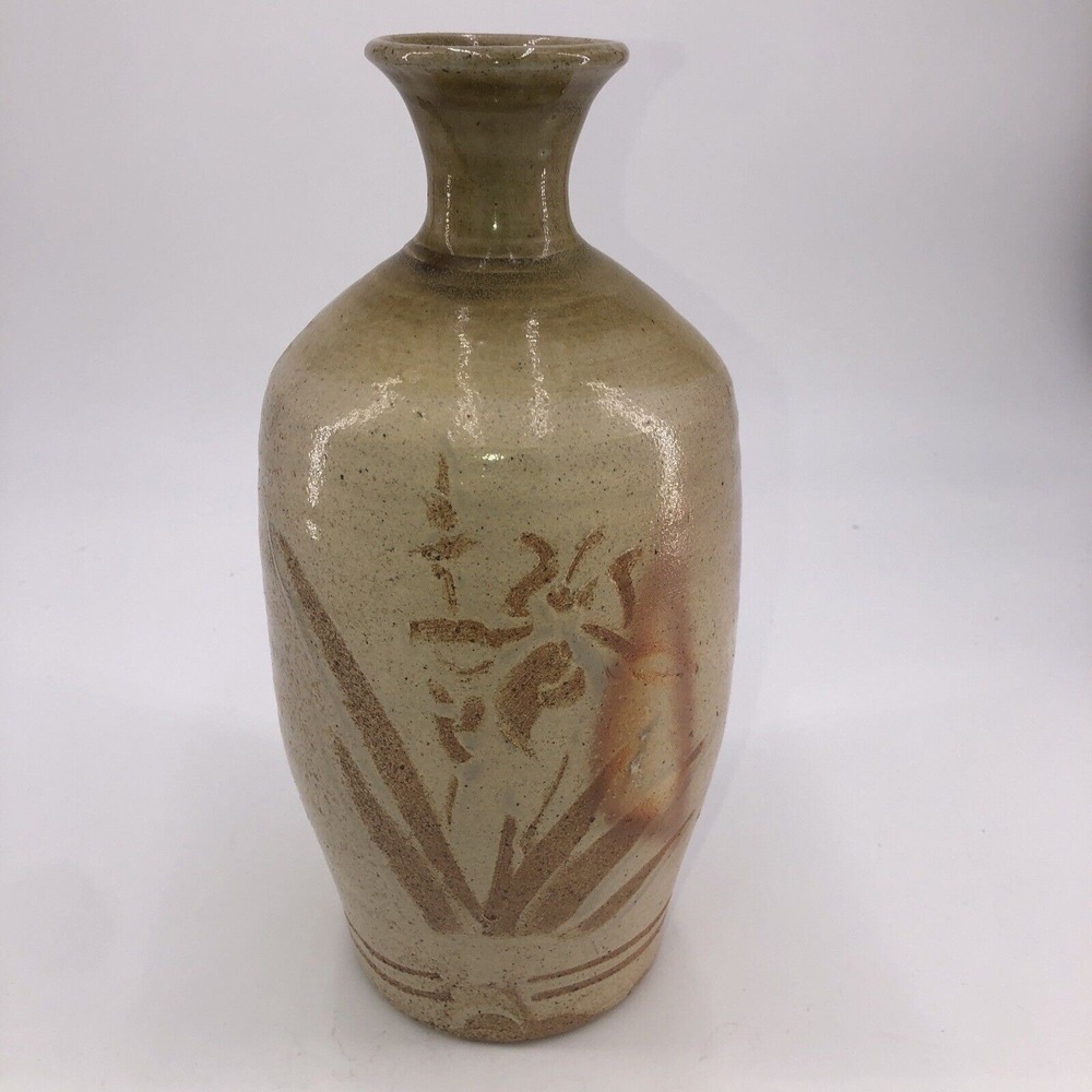 Vintage Studio Pottery Vase 10.25" MCM‎ Incised Botanical Earth Tone Ceramic